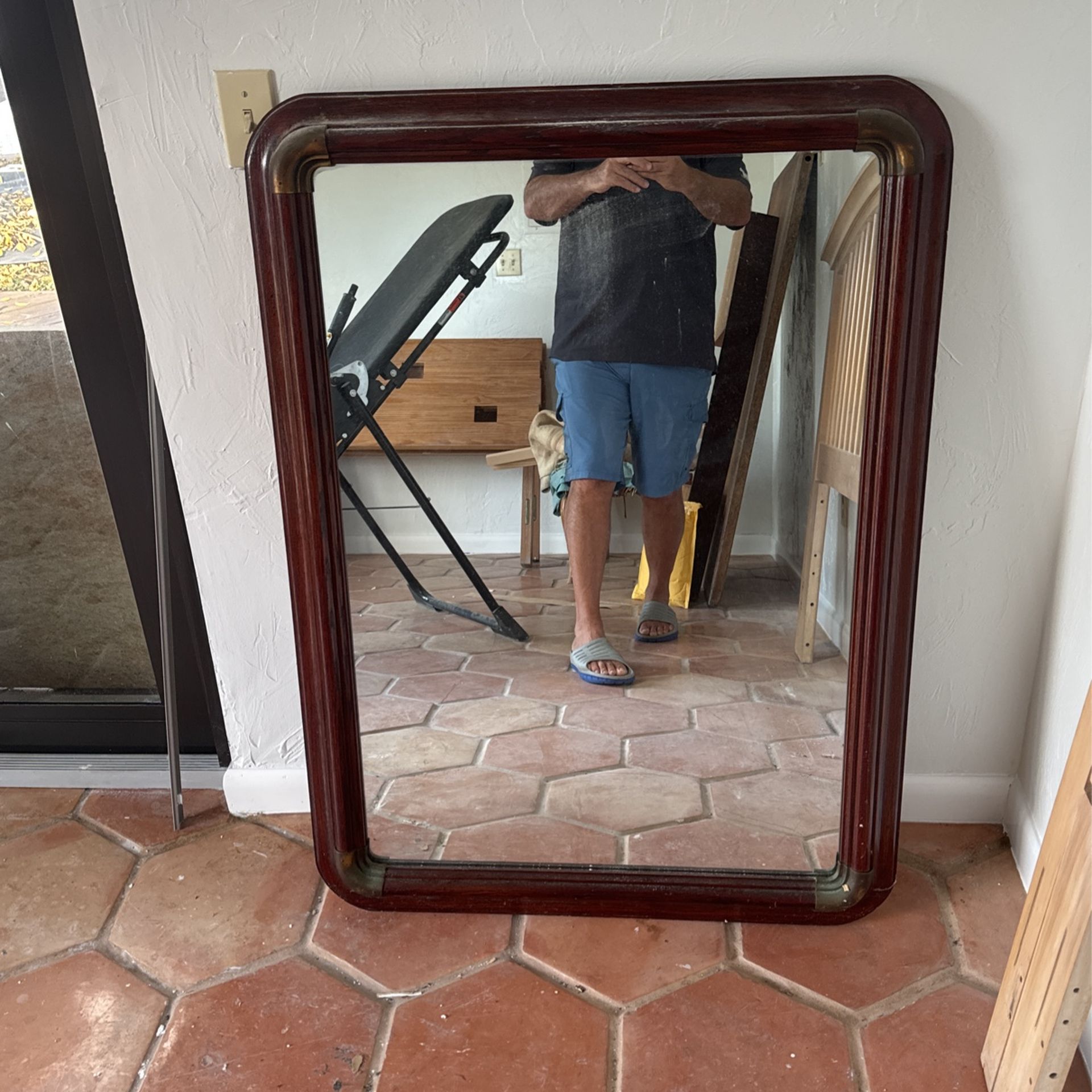 Antique Oak Mirror With Brass Trim