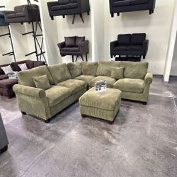 Cozy Sage Green 4-Piece Sectional Sofa with Ottoman Living Room Set