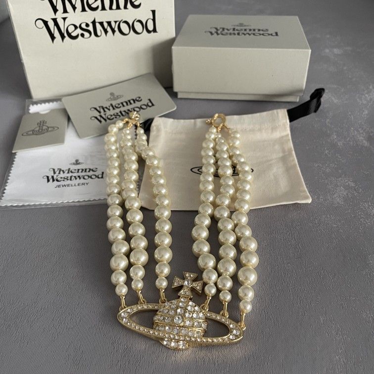 Vivienne Westwood Gold Three Row Pearl Bas Relief Choker