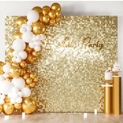 COKAOBE Light Gold Shimmer Wall Backdrop, 36 Pcs Square Sequin Shimmer Backdrop Panel, Photo Backdrops for Birthday, Anniversary, Wedding, Graduation 