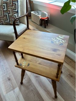Refinished Two-Tier Accent Table | Solid Wood Side Table w/ Gold & Navy Botanical Detail