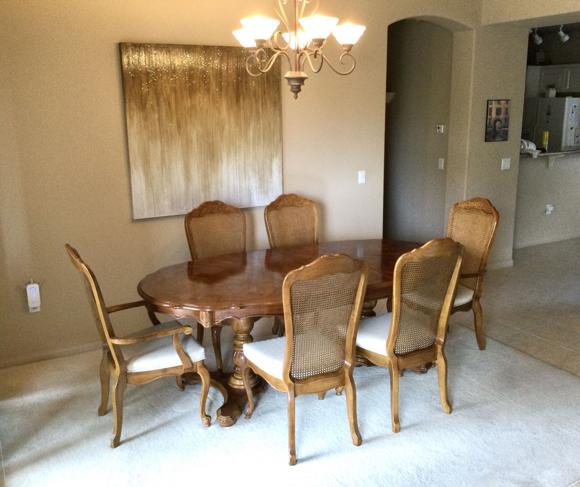 Spanish Provincial Dining Room Set, Including Table, 6 Chairs, Cabinet/Hutch Combination w/glass windows, doors, shelves