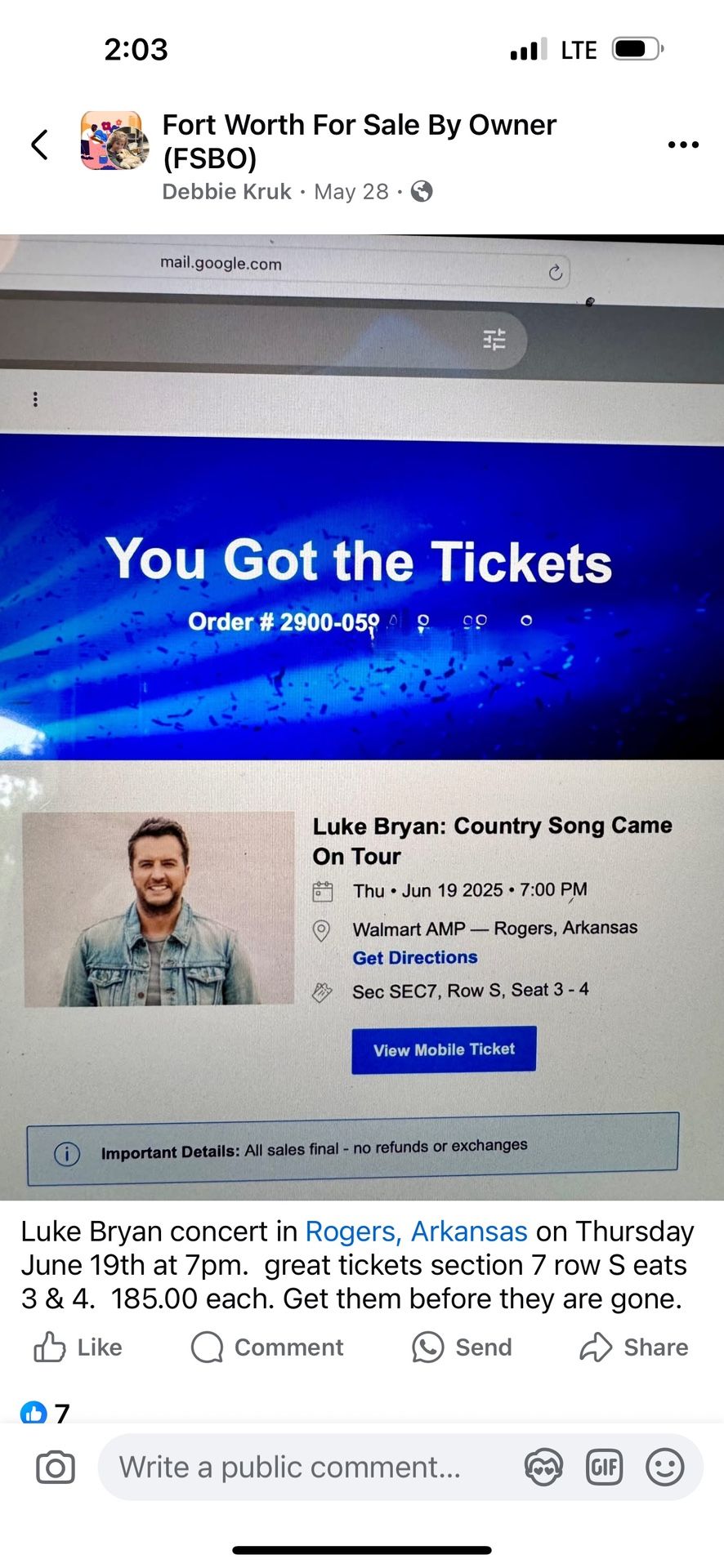 2- Tickets To Luke Bryan JUNE 19 Th Great Seats In. ROGERS , ARKANSAS