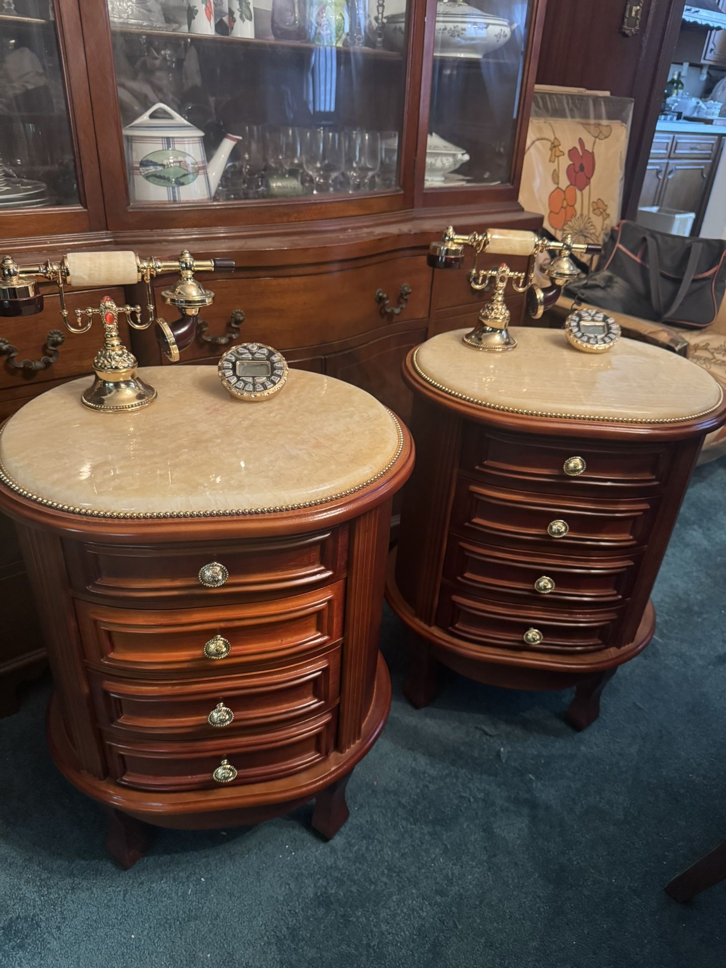 Rare PAIR of Royal Rodin Marble Top Cherry Wood Phone Dial Pad Nightstands Table