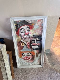 Vintage Original Three Clowns Oil Painting - Framed Retro Circus Art
