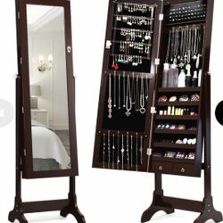 14 LED Jewelry Armoire Cabinet with Full Length Mirror and 4 Tilting Angles-Coffee