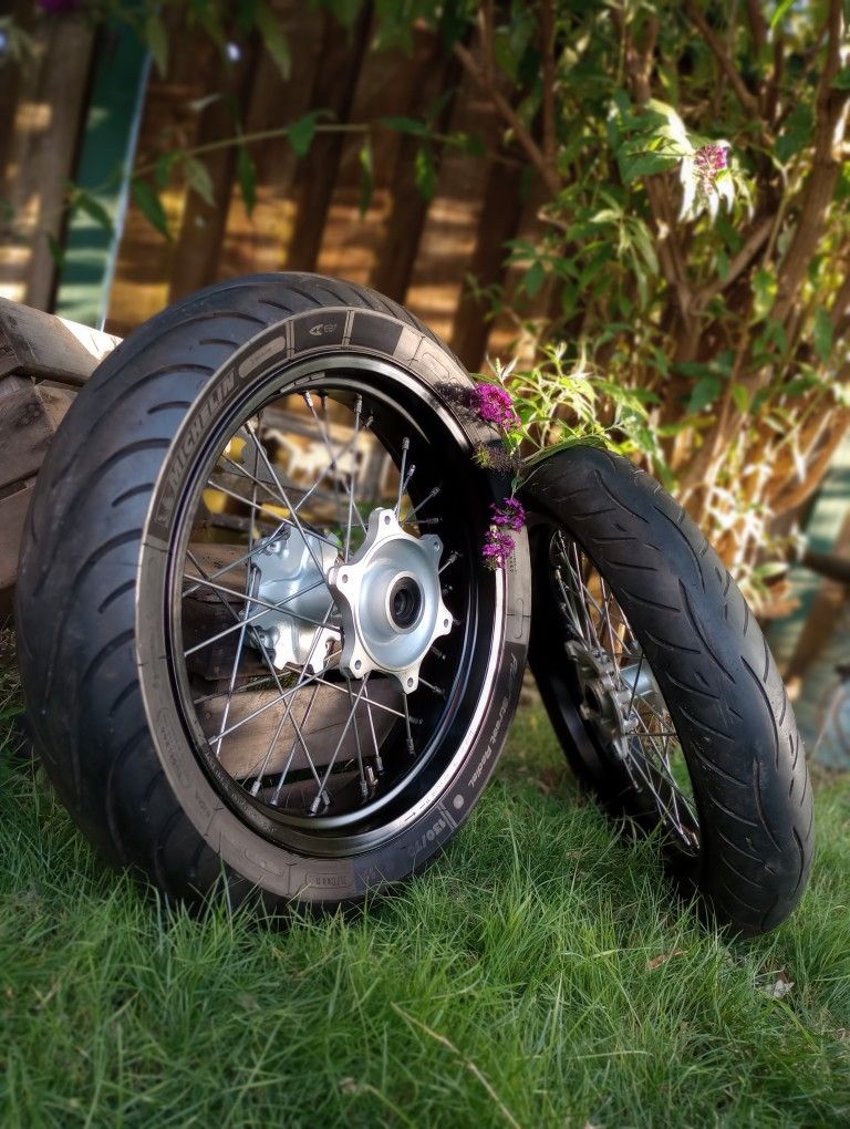 17 Inch Supermoto Rims Wrapped In Brand New Metzler Roadtec Z8 Medium Tires
