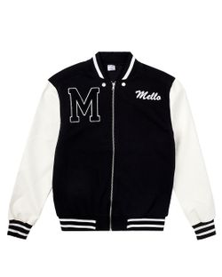 black and white Marshmello varsity jacket. 