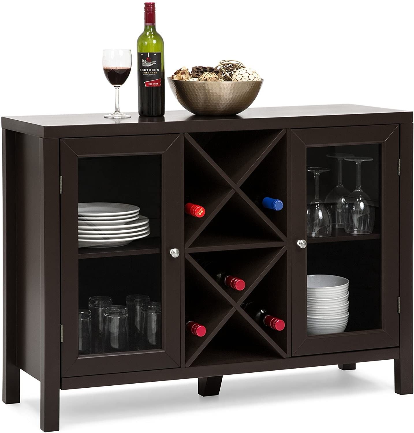 Stylish Rustic Table Cabinet with Wine Rack Sideboard, Espresso, Wooden