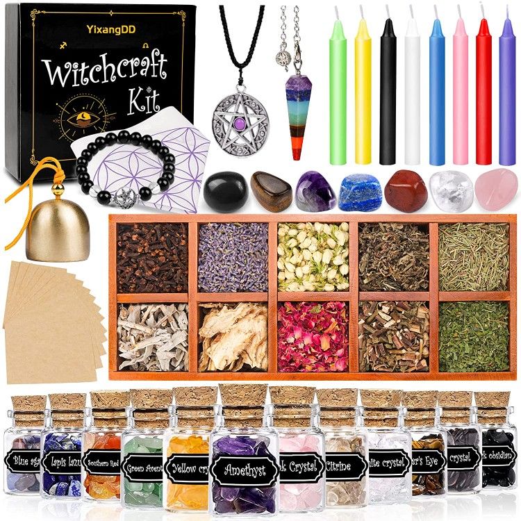 Witchcraft Supplies Kits 54 Packs,with Chakra Stones,Healing Crystal Pendulums 