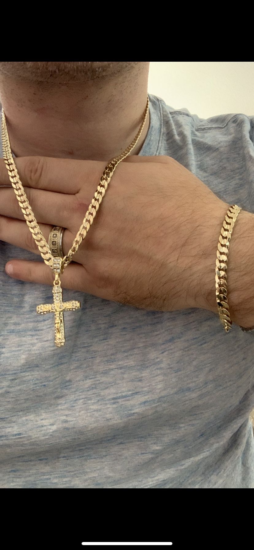 14k gold 8mm cuban set and diamond cross