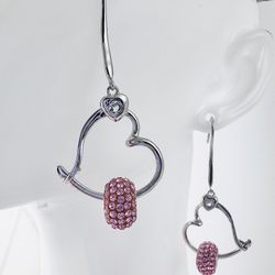 925 Sterling Silver Heart Earrings With 2 Pink Crystals Charms , The Earring Can Open Can Put All Pandora Charms On 
