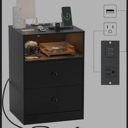 Night Stand with Charging Station, LED Wood Black Nightstand Bedside Table with 2 USB Ports & Outlets, Nightstands with 2 Large Drawers, End Side Tabl
