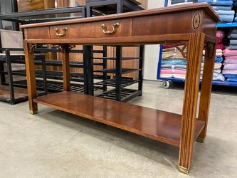 BASSETT 2 Tiered Console Table with Marquetry Top and Brass Accents