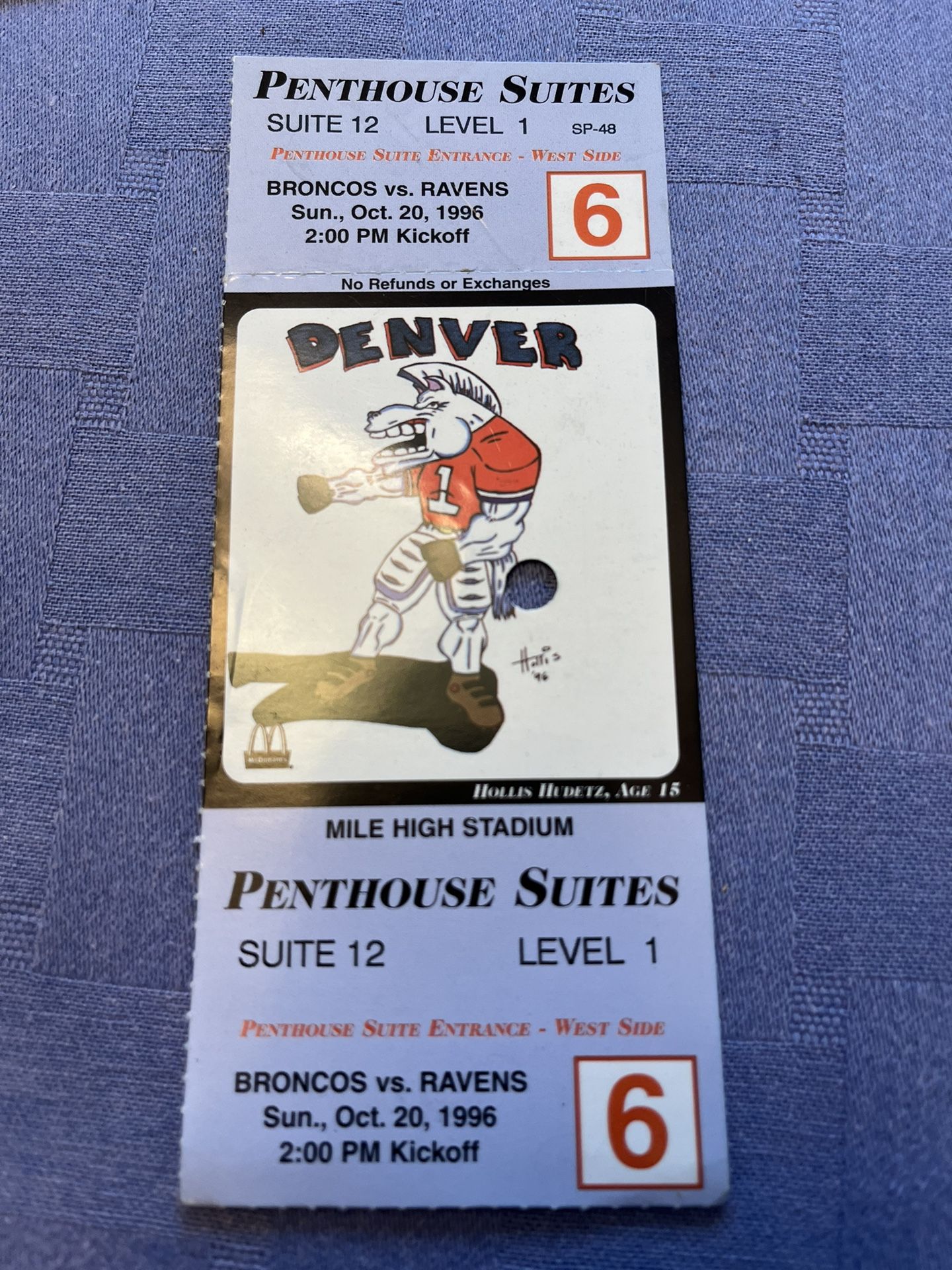 Denver Broncos Vs Raven Oct 20, 1996 Football Ticket
