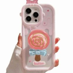 NEW! 3D Phone Case Compatible w/ iPhone 11 Pro, Pink Kawaii w/ Lollipop Kickstand & Stickers