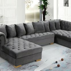 Presley 3-Piece Velvet Double Chaise Grey Sectional

