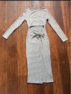 Gray Ribbed Knit Midi Dress with Twist cutout Waist