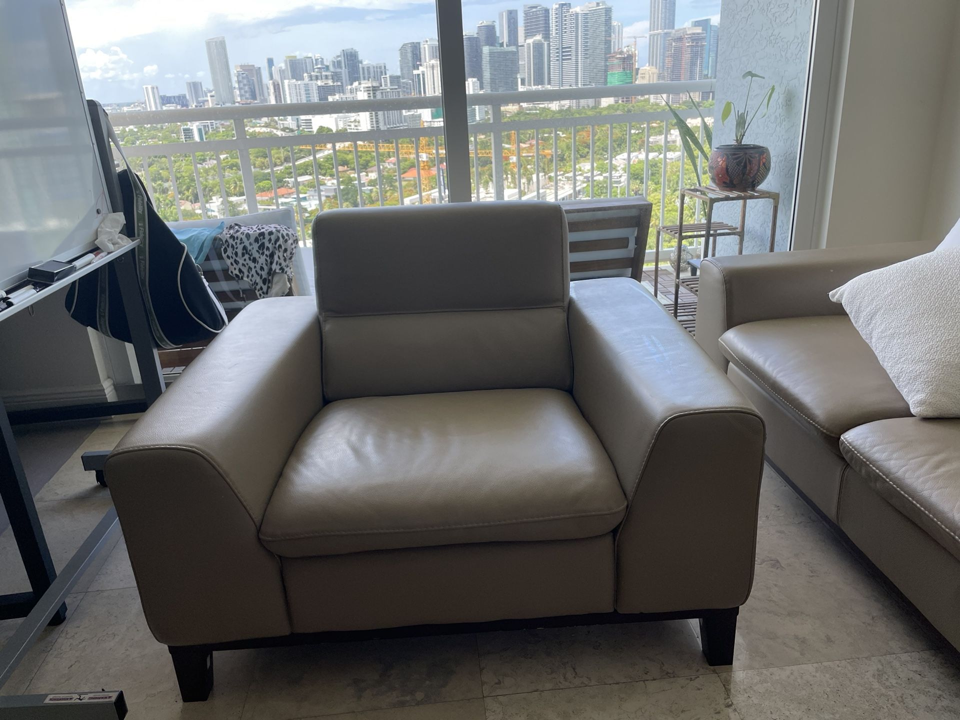 Beige Italian Leather Sofa Chair