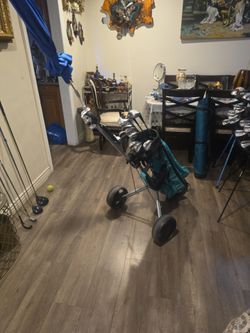 GOLF CLUBS, BAG, PUSH CART (COMBO )