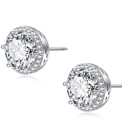 18K Cz Stud Earrings Plated White Gold Zirconia Round Cut Halo Cubic Stud Earring for Women 10mm