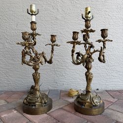 Antique bronze gilt metal candelabra table lamp pair