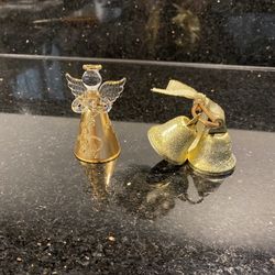 Christmas Angel Handcrafted Glass Ornament with Gold Toned Highlights & 2 Bells