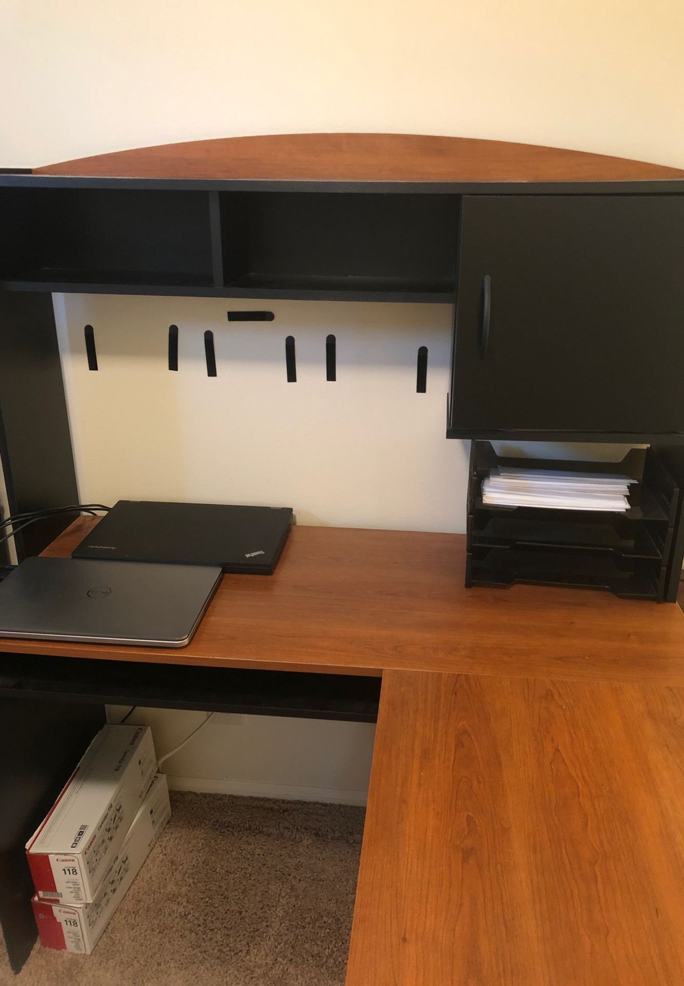 Desk with hutch, one piece, black and wood