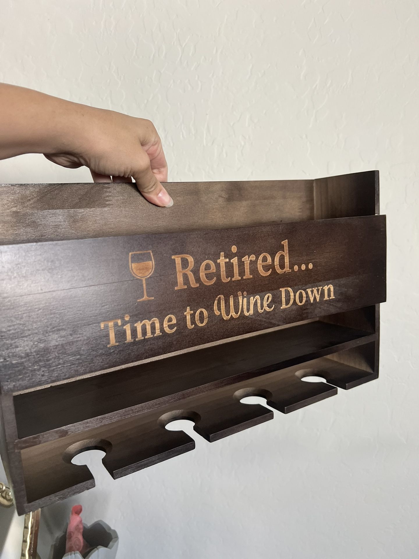 Retirement Gifts for Women: Rustic Humorous Dark Walnut Brown Wall-Mounted Wine Rack for 5 Bottles & 4 Glasses, Fun Congratulations Gift for Wine Love