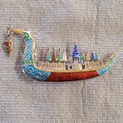 Colorful Far East Broach Sterling Silver  Long Boat Vintage 1970s.