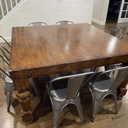 Solid Wood Table 60” X 60” Very Heavy With 8 Metal Chairs