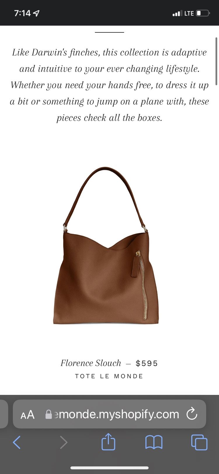 Leather Tote Le Monde Finch Collection Florence Slouch, Tan, Brand New in Packaging