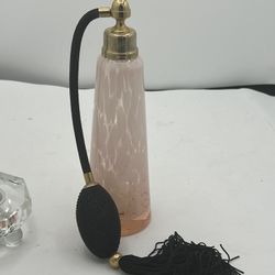 VTG hand blown iridescent lusterwear pink white swirl perfume atomizer bottle   This vintage perfume bottle is a true beauty. Handmade in Taiwan, it f