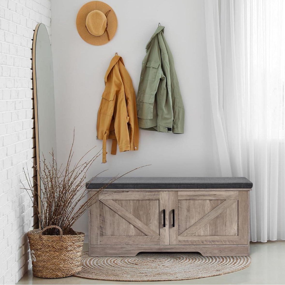 2-Tier Storage Bench, 39.4" Wide Shoe Bench with Padded Seat Cushion, Entryway Bench with 2 Barn Doors and Adjustable Shelf, Greige