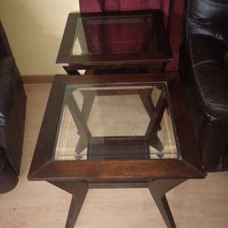 Dark Wood Glass Top End Tables Set of 2