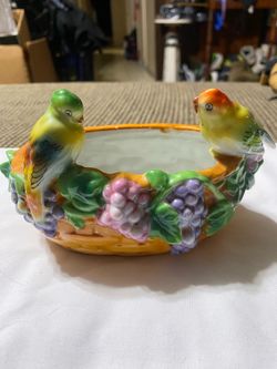 Vintage Ceramic Bird and Grape Decorative Bowl