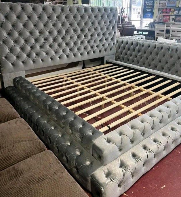 Gray step up platform Queen bed frame 