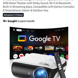 Official Licensed Google TV Smart Projector, HAPPRUN 4K UHD Home Theater with Dolby Sound, Wi-Fi & Bluetooth, Built-in Streaming Apps, Compatible with