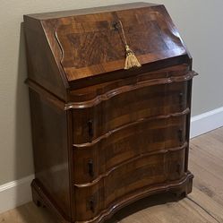 Antique Italian Burled Walnut Drop Down Front Secretary 3 Drawer Desk