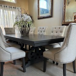 Dining Table Set With 8 Chairs - Dark Grey Wood & Beige Fabric Chairs