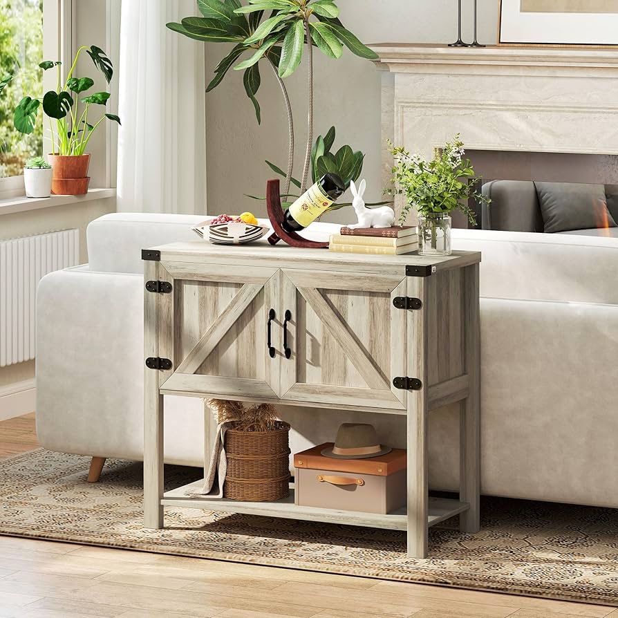 Farmhouse Double Door Coffee Bar Cabinet, Console Table, Sideboard Buffet Cabinet with Bottom Shelf for Entryway, Living Room, Washed-Out Gray