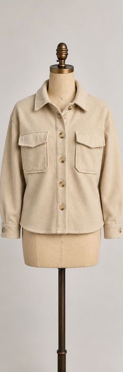 Women's Cream Fleece Shirt Jacket with Button Front and Flap