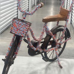 Vintage Metal Folk Art Bicycle Model Seed Bead Decorated Decor Free Ship. Used in good condition with some minor cosmetic blemishes. These blemishes a