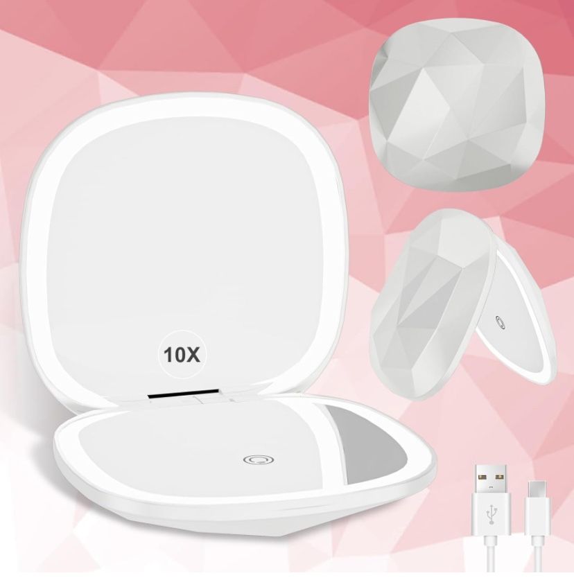 Compact Mirror with Light 1x/10x Magnifying Led Travel Makeup Small Mirror Rechargeable Portable Mirror for Purse Pocket Travel Essentials Accessories