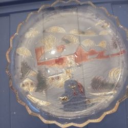 14" ROUND GLASS SERVING PLATTER ~ Deep Scalloped Rim ~ Red and Green Farm Scene firm price very heav
