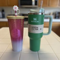 New Pink Starbucks and Green Stanley Cups