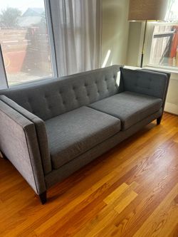 Pair of Gray Tufted Mid-Century Modern Sofas