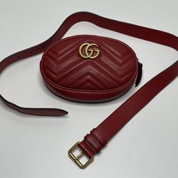 Gucci GG Marmont Red Matelassé Quilted Leather Belt Bag w/ Box & Dust Bag