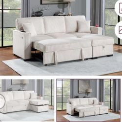 Sectional Sofa Pullout Bed W/Chaise Storage  Fabric Reversible  88”x57”X33”H