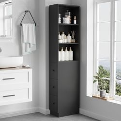 Tall Narrow Free Standing Bathroom Storage Cabinet with 3-Level Adjustable Shelves Home - Space Saver for Living Room Kitchen - Classic Black